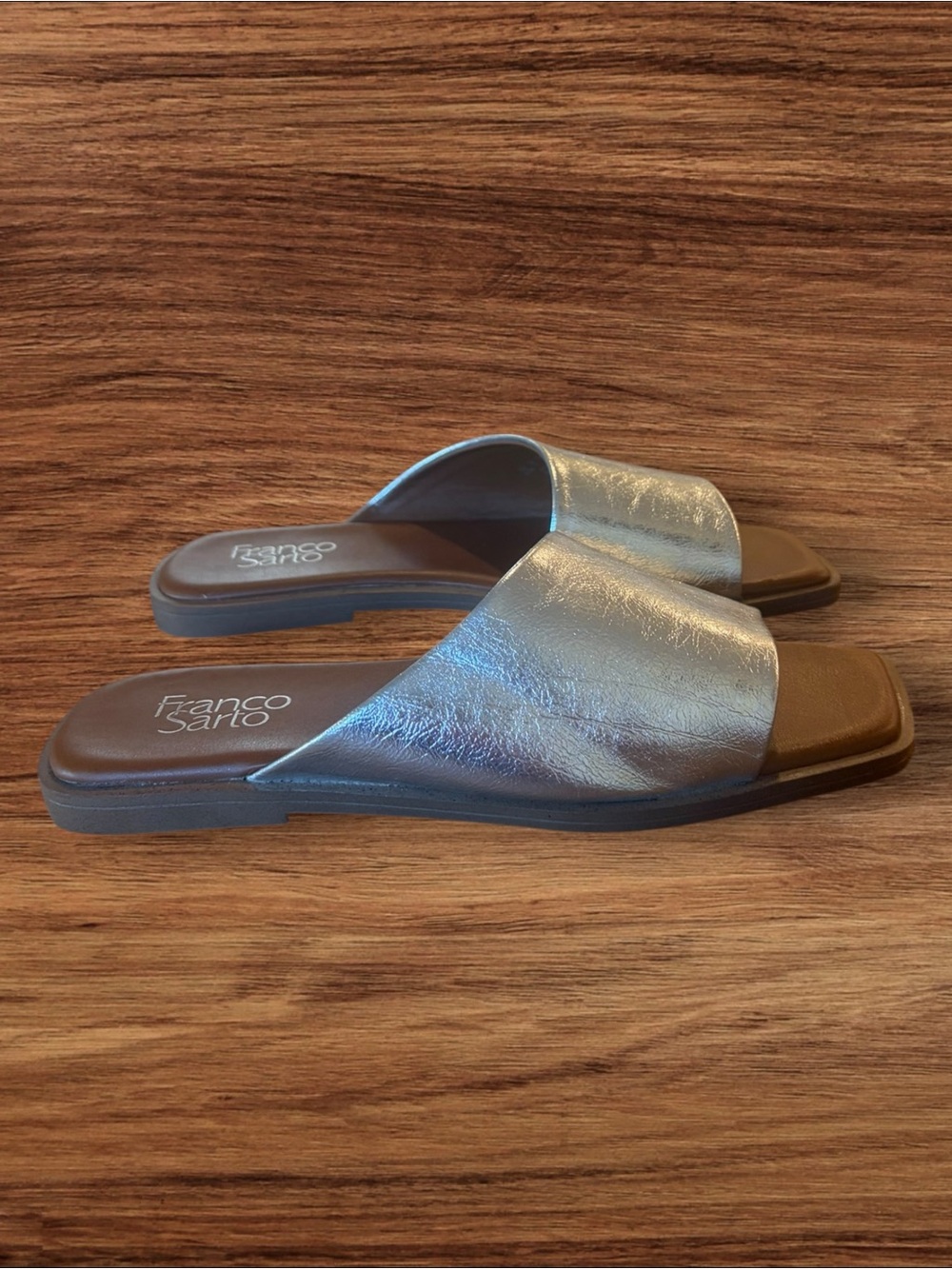 Franco Sarto  Loran Metallic Silver Square Toe Slide Sandals